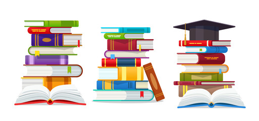 Open book and Graduation cap with pile of books set  isolated vector. Stuck of colorful textbooks, open pages,  World book day. Academic and school knowledge, education and graduation