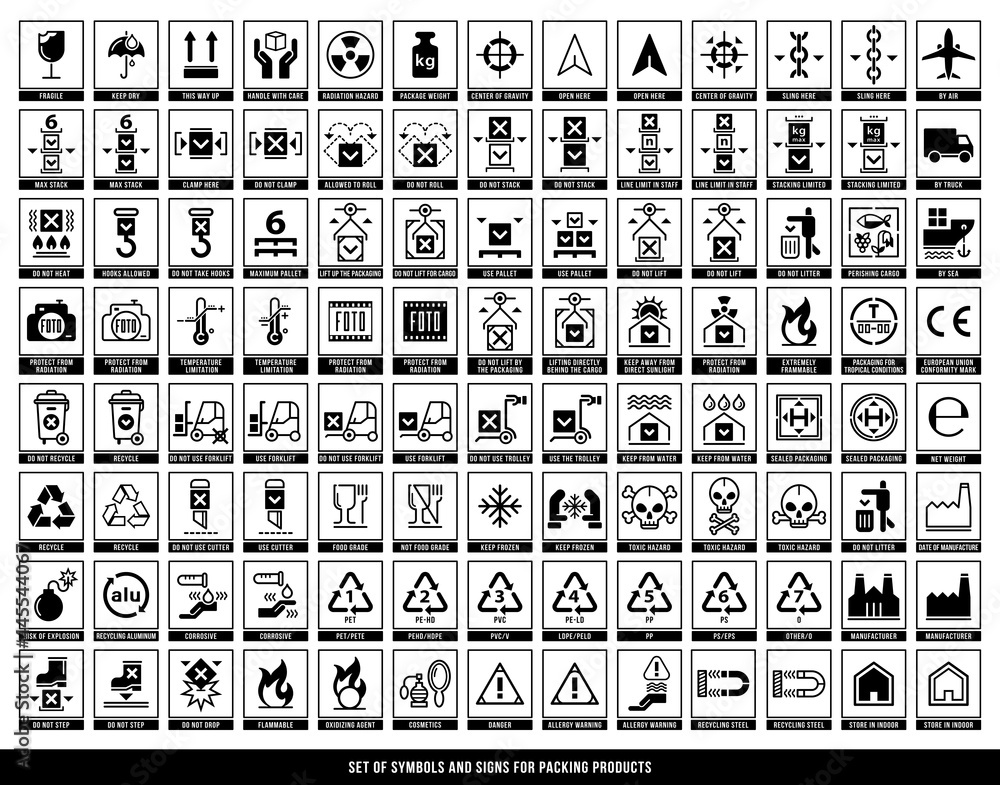 A set of manipulation symbols for packaging cargo products and goods. Marking the box or packaging of products. Vector elements. - obrazy, fototapety, plakaty 