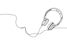 Continuous One Line Of Headphones In Silhouette On A White Background. Linear Stylized.Minimalist.