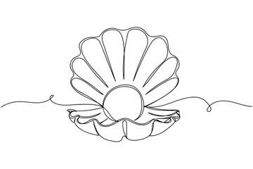 Continuous one line of pearl shell in silhouette on a white background. Linear stylized.Minimalist.