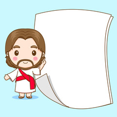 Wall Mural - Cartoon illustration of cute Jesus with empty paper