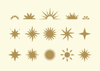 Wall Mural - Collection of modern abstract Sun illustrations in boho style. Vector design elements for branding, website, tattoo, packaging. Magic celestial sun silhouettes on light background.
