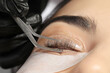 Young woman undergoing eyelash lamination, closeup. Professional service