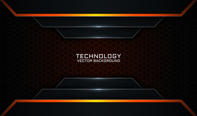 Abstract 3D black and orange techno background overlap layers on dark space with white light effect decoration. Modern template element future style for flyer, card, cover, brochure, or landing page