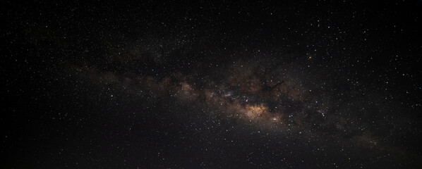 Poster - Panorama deep  night sky milky way and star on dark background.Universe filled with stars, nebula and galaxy with noise and grain.Photo by long exposure and select white balance. 