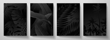 Exotic Black Cover Design Set. Floral Background With Tropical Pattern Of Leaf (palm, Banana Tree). Elegant Vector Collection For Wedding Invite, Brochure Template, Restaurant Menu