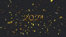 Animation Of Gold Text 2021, With Gold Confetti And Orange Spots Of Light, On Black