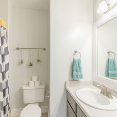 Wall Mural - Square frame Small bathroom with wooden vanity sink and shower stall with patterned shower curtain