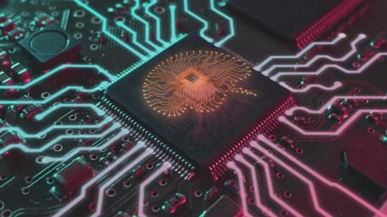 Artificial intelligence concept, electronic brain powered by processor. Integrated circuits come to life after an electric beam passes through them, an impulse.
