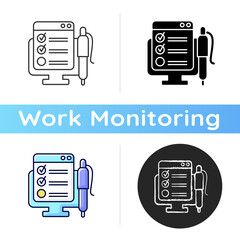 Sticker - Online form icon. Checklist for project task. Internet questionnaire with control checklist. Work monitoring tools. Linear black and RGB color styles. Isolated vector illustrations