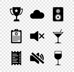 Sticker - Set Trophy cup, Cloud, Stereo speaker, Paper or financial check, Speaker mute and Wine glass icon. Vector