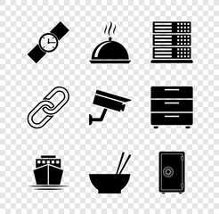 Sticker - Set Wrist watch, Covered with tray of food, Server, Data, Web Hosting, Ship, Bowl chopsticks and Safe icon. Vector