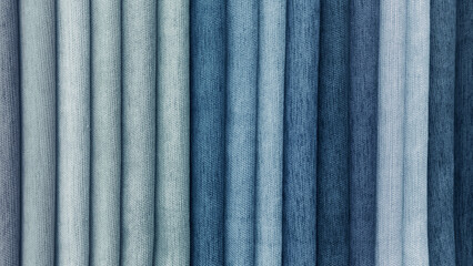 Wall Mural - pile of blue textile fabric catalog texture background. multi shade of blue color linen drapery for selection. abstract interior material background. 