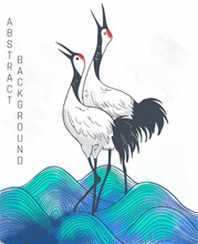 Abstract Asian Illustration With Cranes Birds With Rough Colored Texture