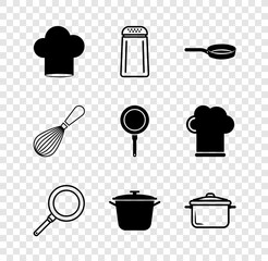 Wall Mural - Set Chef hat, Salt and pepper, Frying pan, Cooking pot, Kitchen whisk and icon. Vector