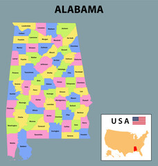 Poster - Alabama map. District map of Alabama in 2020. District map of Alabama in colour with capital.