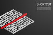 red arrow route break out of maze. Shortcut to success. vector illustration isometric design. Labyrinth puzzle game and problem solving. copy space for text. business and finance concept.
