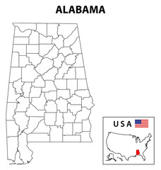  Alabama Map. State and district map of Alabama. Administrative and political map of Alabama with outline and black and white design.