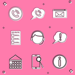 Sticker - Set Phone call, Speech bubble with phone, Mail and e-mail, Create account screen mobile, Man headset, Exclamation, Calendar and Mobile diagnostics icon. Vector