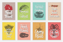 Set Of 8 Advertising Barbecue, Meat, Fish, Seafood, Food And Eating Lettering Posters, Decoration, Prints, Cafe Or Kitchen Interior Design. Hand Drawn Typography With Sketches. Mono Line Calligraphy.