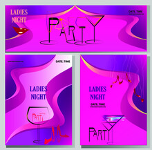 Women's Night Party Posters Set With Glamorous Cocktails And Waves

