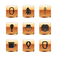 Poster - Set Carabiner, Camping metal mug, Location of the forest, hat, Chicken leg, Burning match with fire, and Tree icon. Vector