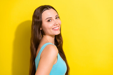 Poster - Profile photo of flirty brunette hairdo young lady wear teal top isolated on vivid yellow color background