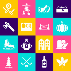 Canvas Print - Set Canadian maple leaf, Christmas mitten, Pumpkin, Royal Ontario museum, dollar, Wooden axe, Curling sport game and Capilano Suspension Bridge icon. Vector