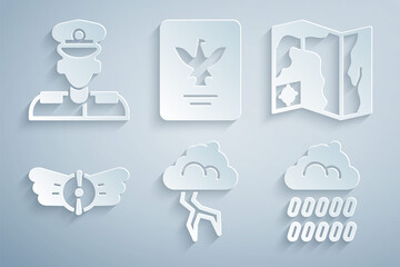 Sticker - Set Storm, World travel map, Aviation emblem, Cloud with rain, Passport and Pilot icon. Vector