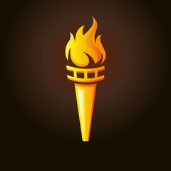 Flaming torch logo concept. Sport fire gold colored creative sign. Competitions, union, club or confederacy icon with flames. Isolated abstract graphic design template.