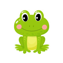 Vector Illustration Of Cute Green Frog On A White Background In Cartoon Style.