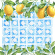 Mediterranean geometric ornament with lemons, square tile. Watercolour Italian design, hand drawn illustration. 