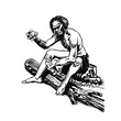 A CRO magnon man makes fire. Primitive man, Neanderthal. Graphic sketch Neanderthal man (Homo sapiens neanderthalensis).