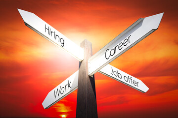 Poster - Hiring, career, work, job offer concept - signpost with four arrows