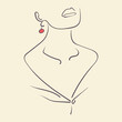 © Natalya Nepran - Logo symbol design with woman line art portrait and red earring. Unique jewelry icon layout for beauty and fashion business. Vector illustration.
