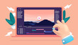 Video editing software - Vector illustration of person hand working on computer with film edit. professional videographer concept