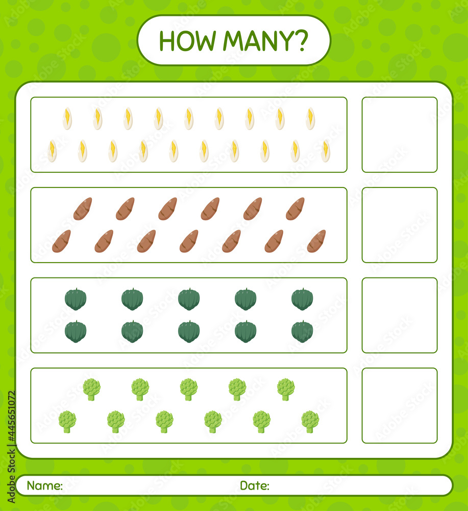 How Many Rice Count Worksheet How many counting game with vegetables. worksheet for preschool kids ...