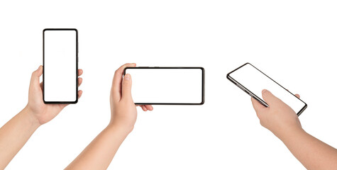  Woman hand holding smartphone with blank screen isolated on white