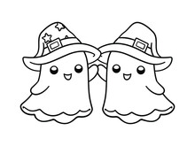 Cute Ghosts Wearing Witch Hats Outline Doodle Cartoon Illustration. Halloween Coloring Book Page Activity For Kids And Adults.