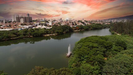 Aerial drone images from the Taquaral park in Campinas, São Paulo. With a view to Cambuí.