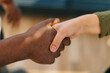© dikushin - Close-up top view of handshake of Caucasian woman and black male indoors at home office, selective focus. Concept of handshaking black and white hand, interracial friendship and cooperation.