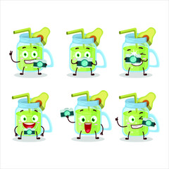 Sticker - Photographer profession emoticon with avocado smoothie cartoon character. Vector illustration