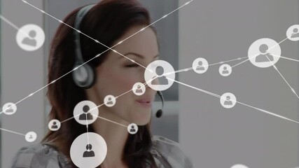 Sticker - Animation of network of connections and icons over businesswoman wearing headset