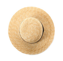 Stylish straw hat isolated on white, top view