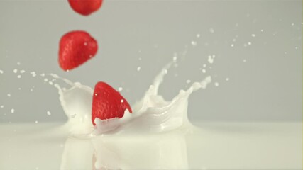 Sticker - Super slow motion sliced strawberries falls into the milk with splashes. On a white background. Filmed on a high-speed camera at 1000 fps