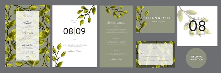 Wall Mural - Set of Wedding Invitation, floral invite, thank you, rsvp rustic card design with gold foil decoration. Vector elegant modern template, trendy cover, graphic poster, retro brochure, design template	