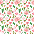 Seamless pattern with a pink peonies,strawberries,green branche,paporotnik and mint are good for print at clothes,decor and scrapbooking paper