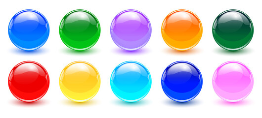 Colored spheres set, shiny and glossy 3D colorful glass balls collection, multicolored vector illustration.