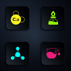 Poster - Set Test tube, Mineral Ca Calcium, Molecule and Alcohol or spirit burner. Black square button. Vector