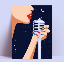 Singer Woman Poster Or Flyer Template Or Live Concert Or Karaoke Party Or Wallpaper With Woman Face And Hand With Microphone On Dark Night Starry Sky Background. Vector Illustration